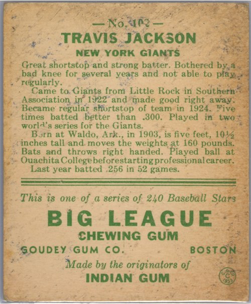 1933 Goudey #102 Travis Jackson card back