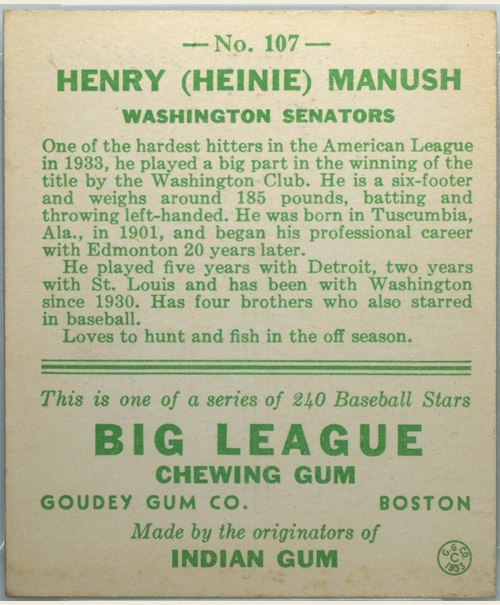 1933 Goudey #107 Heinie Manush card back