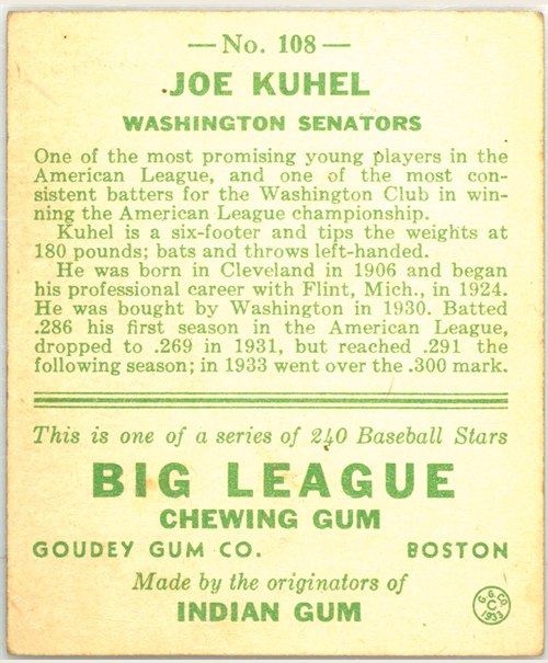 1933 Goudey #108 Joe Kuhel card back