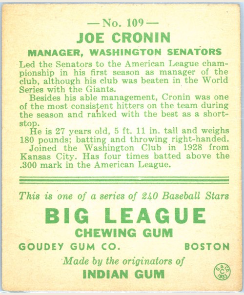 1933 Goudey #109 Joe Cronin card back