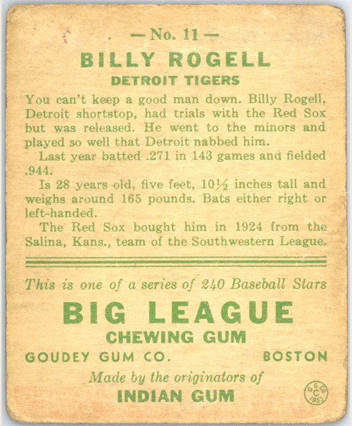 1933 Goudey #11 Billy Rogell card back