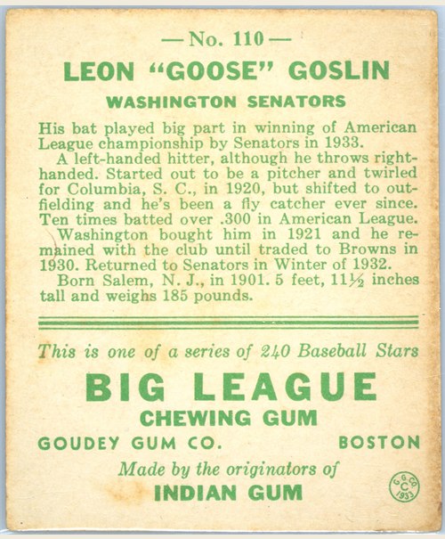 1933 Goudey #110 Goose Goslin card back