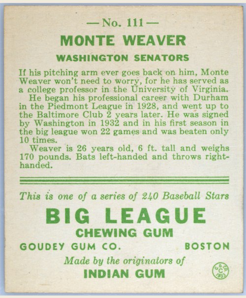 1933 Goudey #111 Monte Weaver card back
