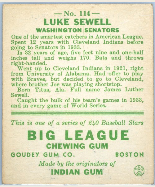 1933 Goudey #114 Luke Sewell card back