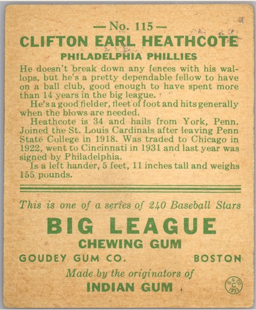 1933 Goudey #115 Cliff Heathcote card back