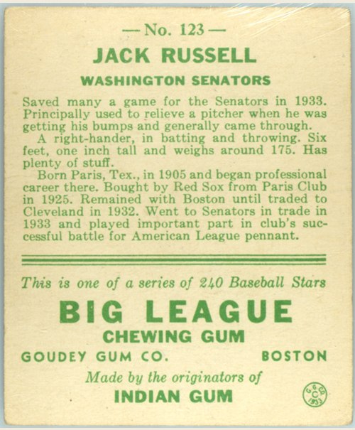 1933 Goudey #123 Jack Russell card back