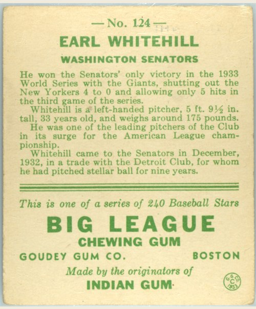 1933 Goudey #124 Earl Whitehill card back