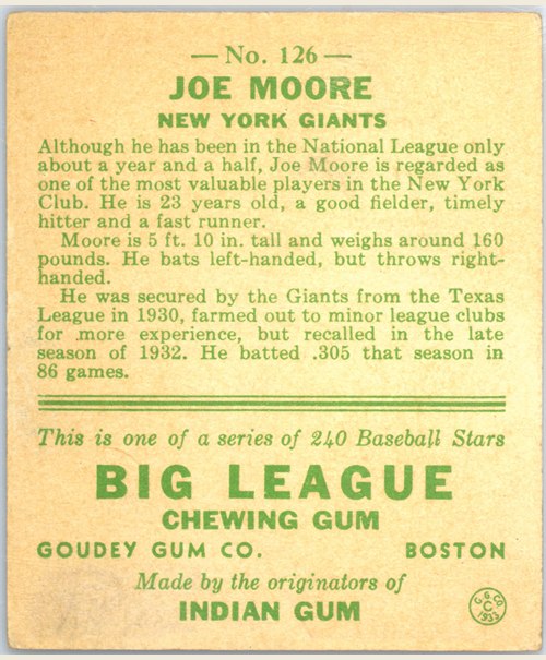 1933 Goudey #126 Jo-Jo Moore card back