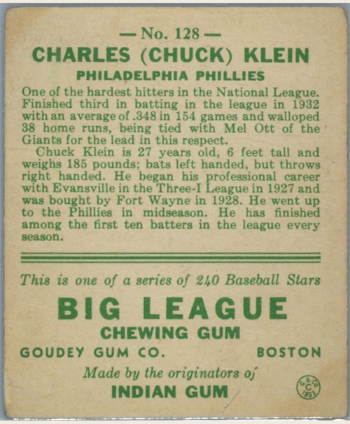 1933 Goudey #128 Chuck Klein card back