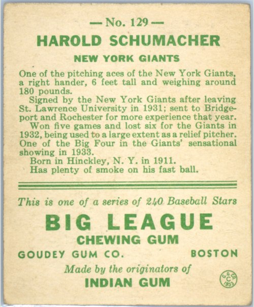 1933 Goudey #129 Hal Schumacher card back
