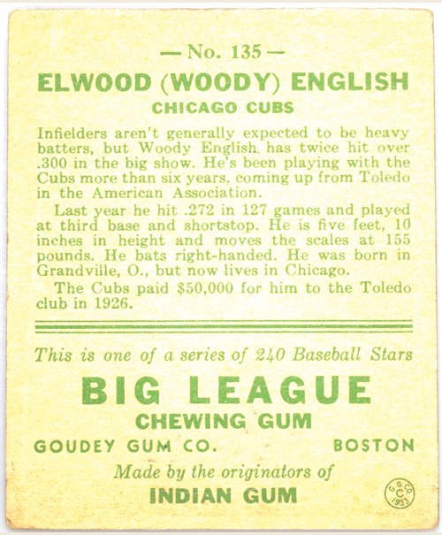 1933 Goudey #135 Woody English card back