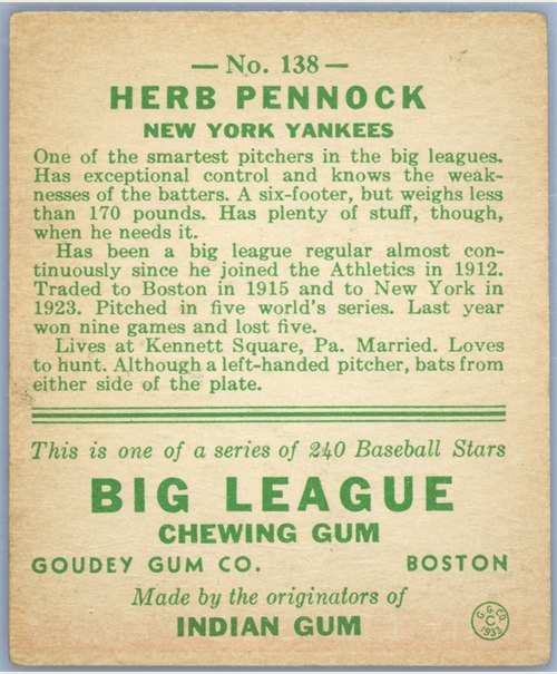 1933 Goudey #138 Herb Pennock card back