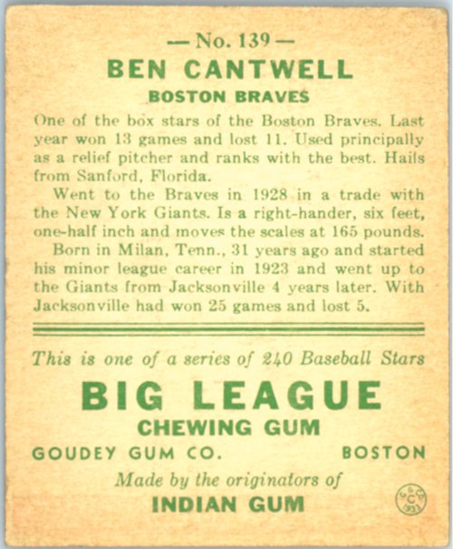 1933 Goudey #139 Ben Cantwell card back