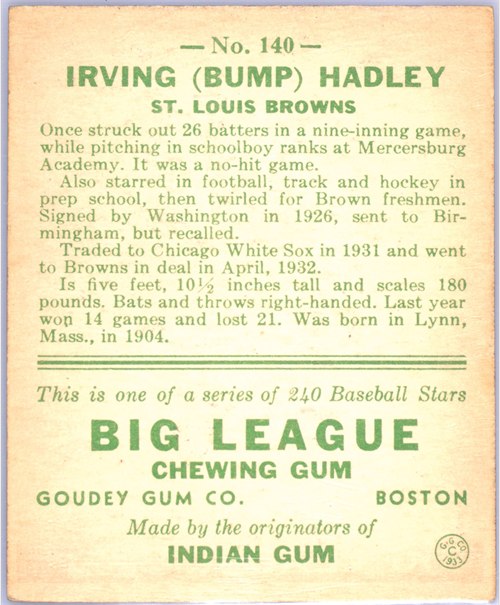 1933 Goudey #140 Bump Hadley card back
