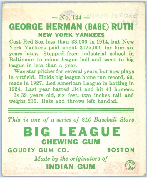 1933 Goudey #144 Babe Ruth card back