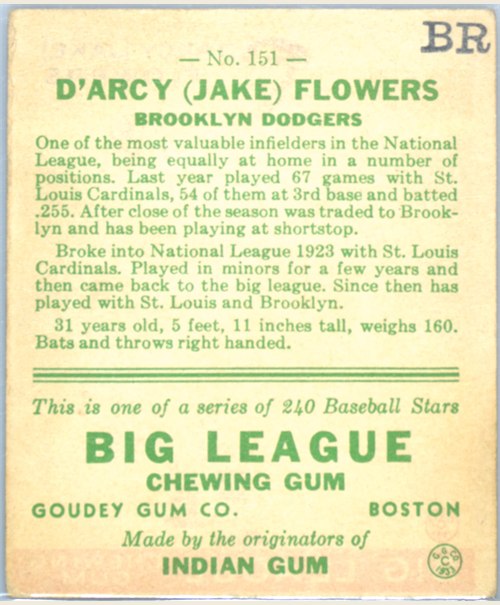 1933 Goudey #151 Jake Flowers card back