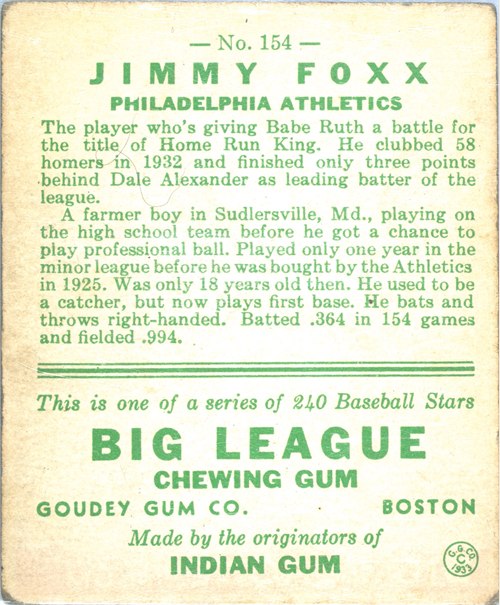 1933 Goudey #154 Jimmie Foxx card back