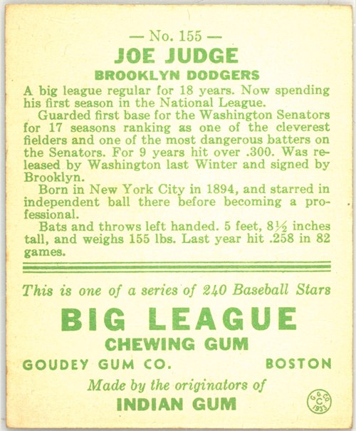 1933 Goudey #155 Joe Judge card back