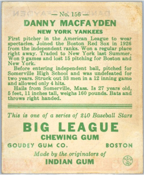1933 Goudey #156 Danny MacFayden card back