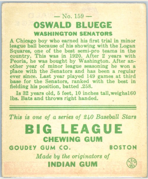 1933 Goudey #159 Ossie Bluege card back