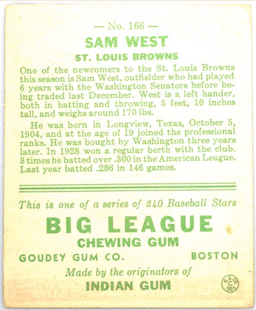 1933 Goudey #166 Sam West card back