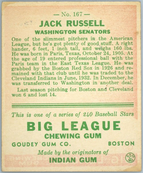 1933 Goudey #167 Jack Russell card back