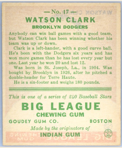 1933 Goudey #17 Watty Clark card back