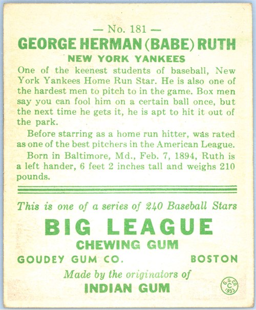 1933 Goudey #181 Babe Ruth card back