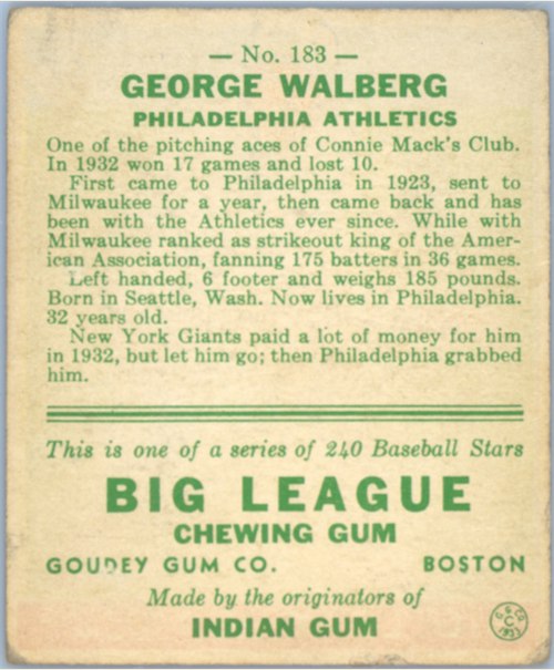 1933 Goudey #183 Rube Walberg card back