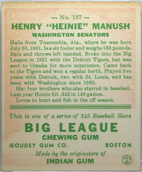 1933 Goudey #187 Heinie Manush card back