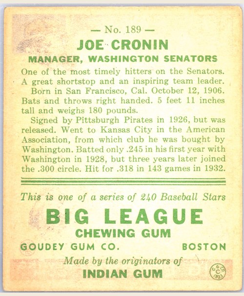1933 Goudey #189 Joe Cronin card back