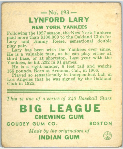 1933 Goudey #193 Lyn Lary card back