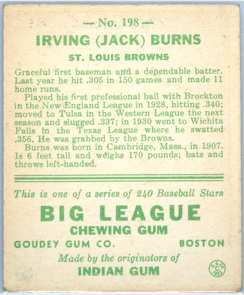 1933 Goudey #198 Jack Burns card back
