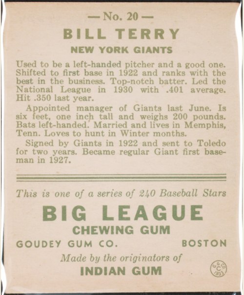 1933 Goudey #20 Bill Terry card back
