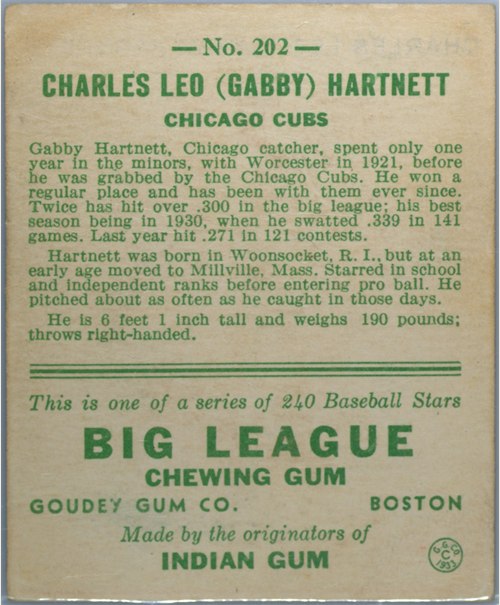1933 Goudey #202 Gabby Hartnett card back