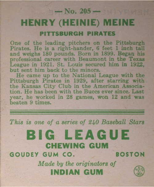1933 Goudey #205 Heinie Meine card back