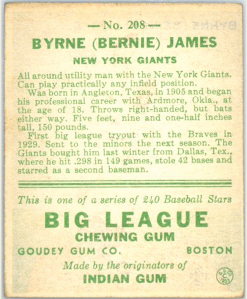 1933 Goudey #208 Bernie James card back