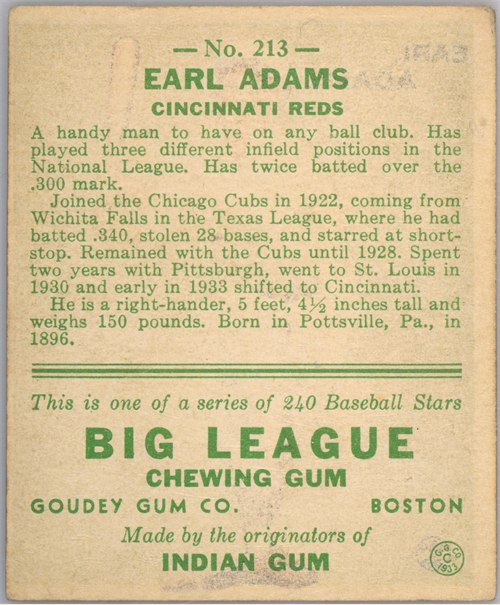 1933 Goudey #213 Sparky Adams card back