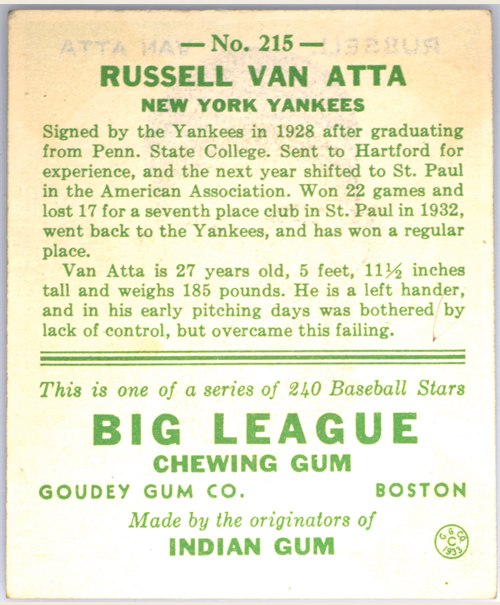 1933 Goudey #215 Russ Van Atta card back