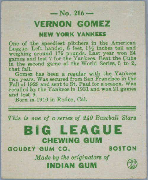 1933 Goudey #216 Lefty Gomez card back