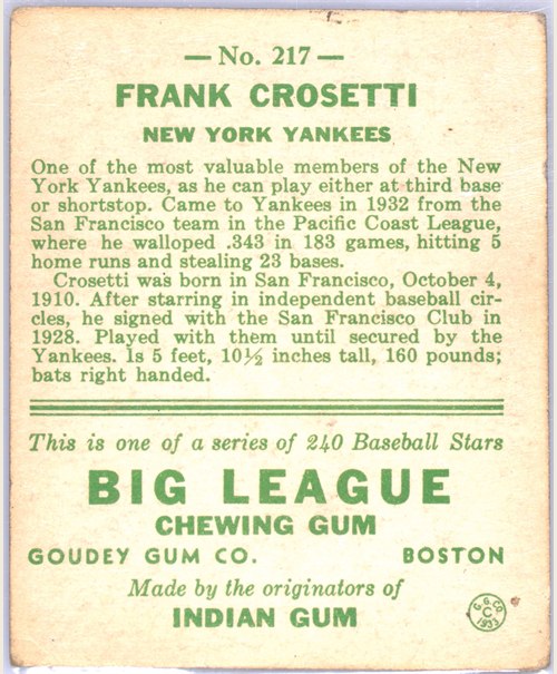 1933 Goudey #217 Frankie Crosetti card back