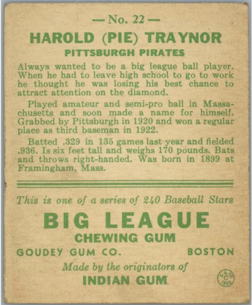 1933 Goudey #22 Pie Traynor card back