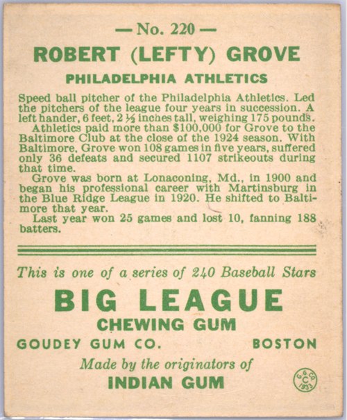 1933 Goudey #220 Lefty Grove card back