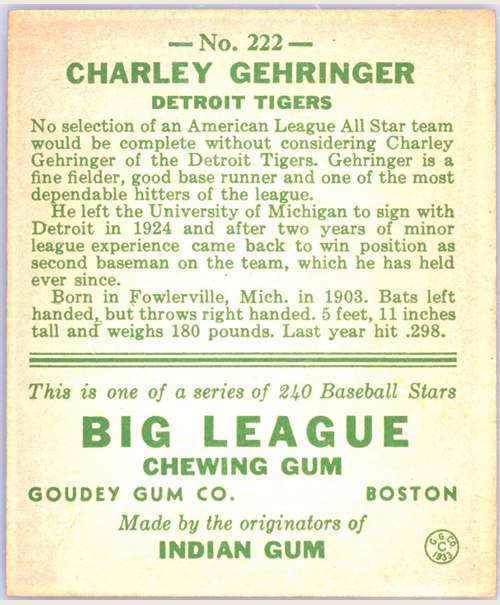 1933 Goudey #222 Charlie Gehringer card back