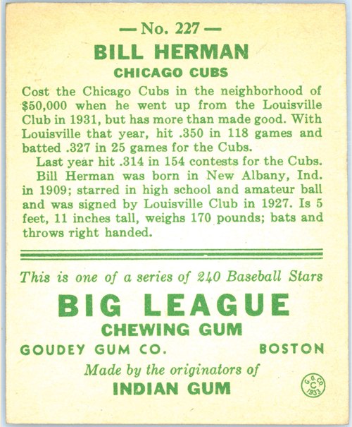 1933 Goudey #227 Billy Herman card back