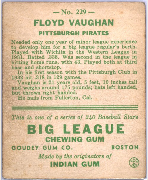 1933 Goudey #229 Arky Vaughan card back