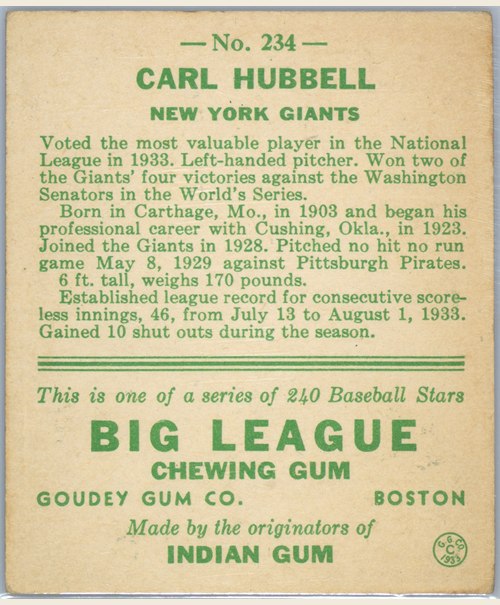 1933 Goudey #234 Carl Hubbell card back