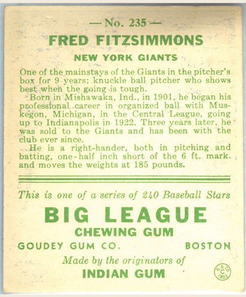 1933 Goudey #235 Freddie Fitzsimmons card back
