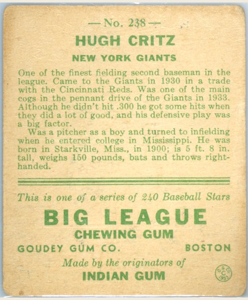 1933 Goudey #238 Hughie Critz card back