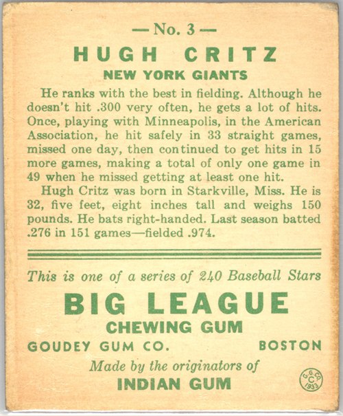 1933 Goudey #3 Hughie Critz card back